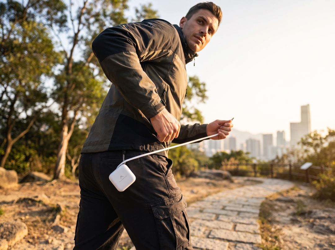 Hiker on Mountain Trail Pulling Retractable Cable from Pixy Pop Powerbank